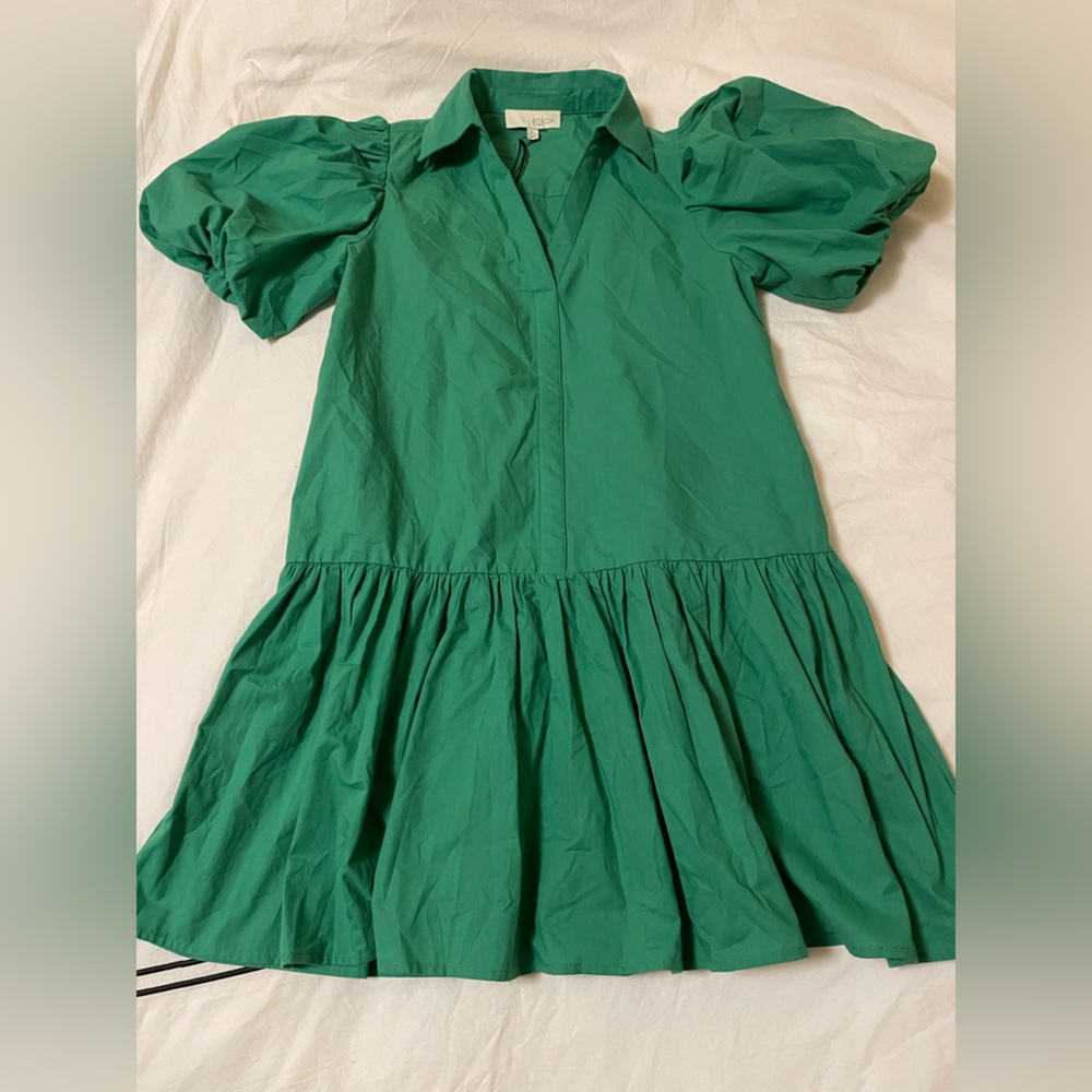 Pinch Emerald Green Puff-Sleeve Shirt Dress